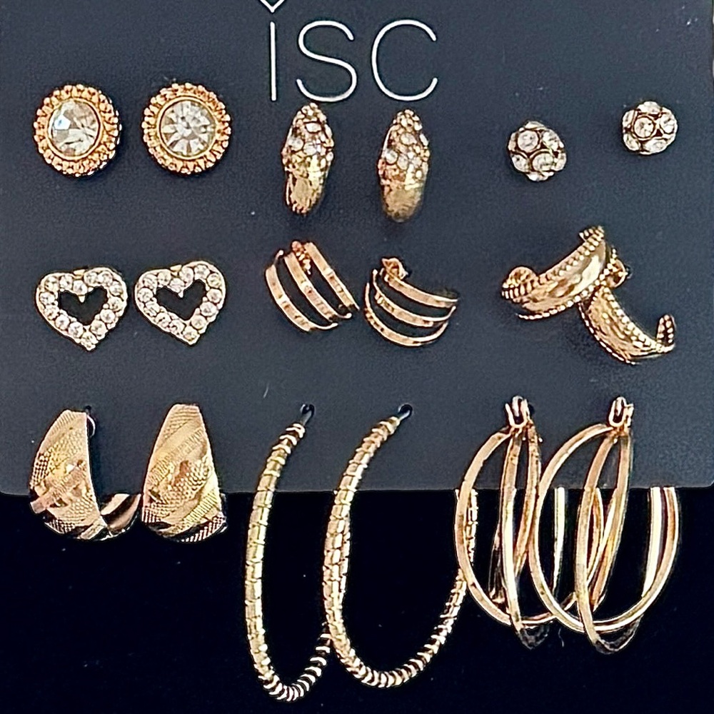 9 pairs of Rhinestones & Gold Tone Earring Set